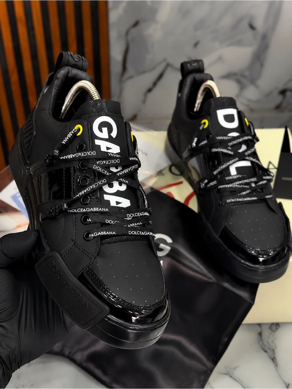 Dolce & Gabbana Black Logo Lace-Up Men’s Sneakers with Yellow Eyelet Accents N/A